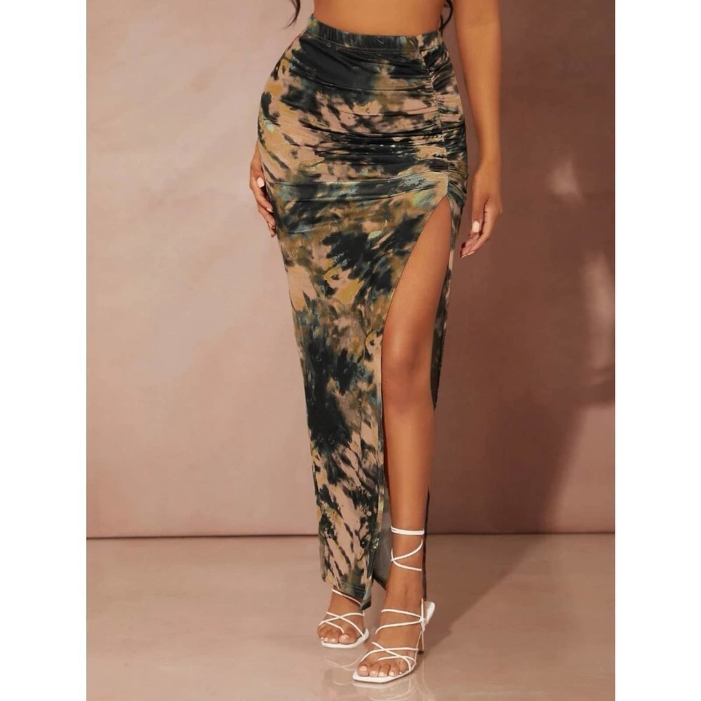 Ruched Split Thigh Tie Dye Skirt